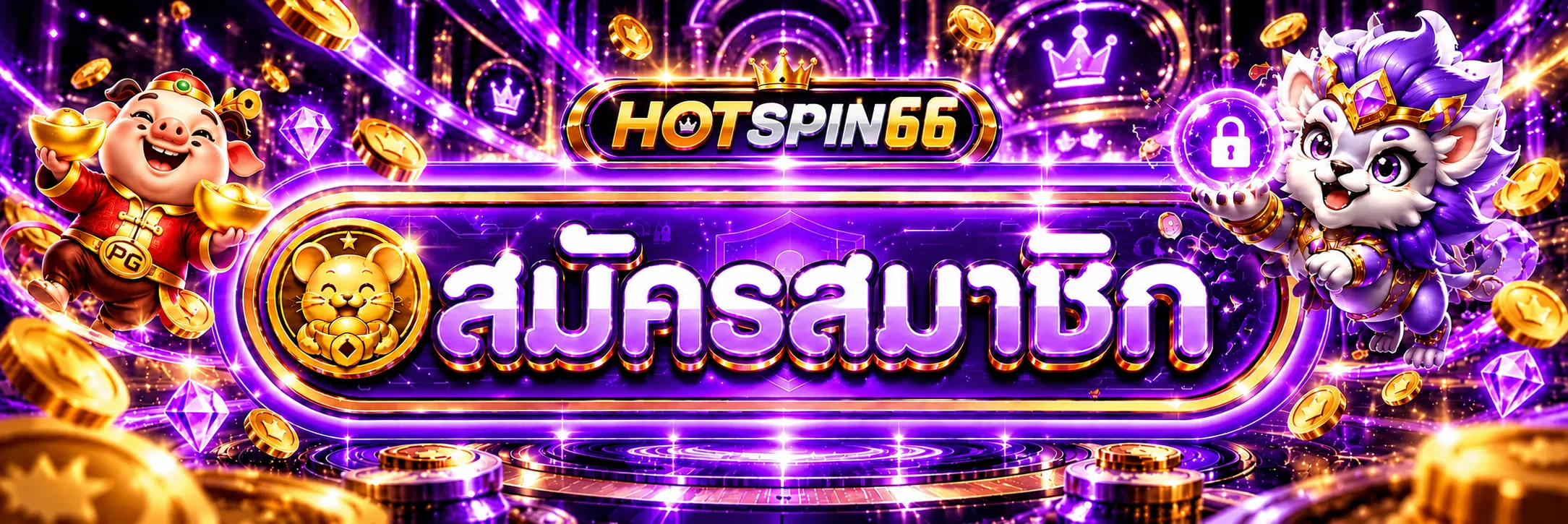 HOTSPIN66 ทางเข้าและปุ่มสมัครสมาชิกในธีมคาสิโนม่วงทอง